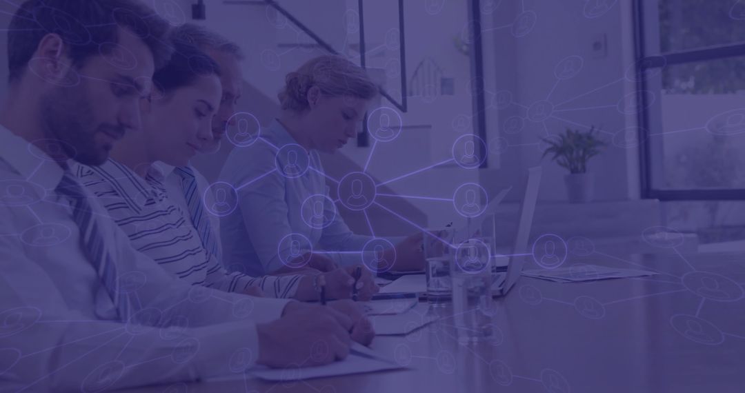 Professionals Engaged in Seminar with Digital Network Interface