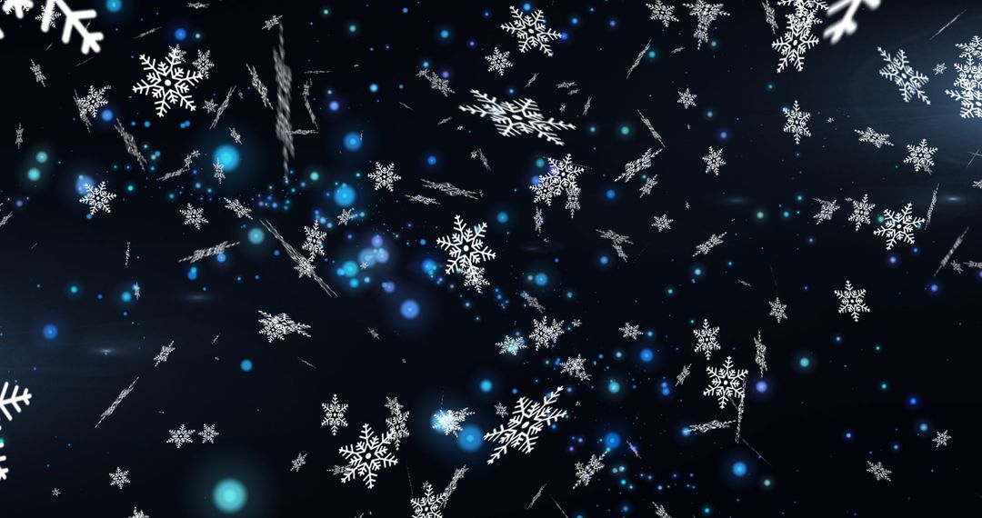 Digital Snowflakes Falling on Black Background with Blue Lights