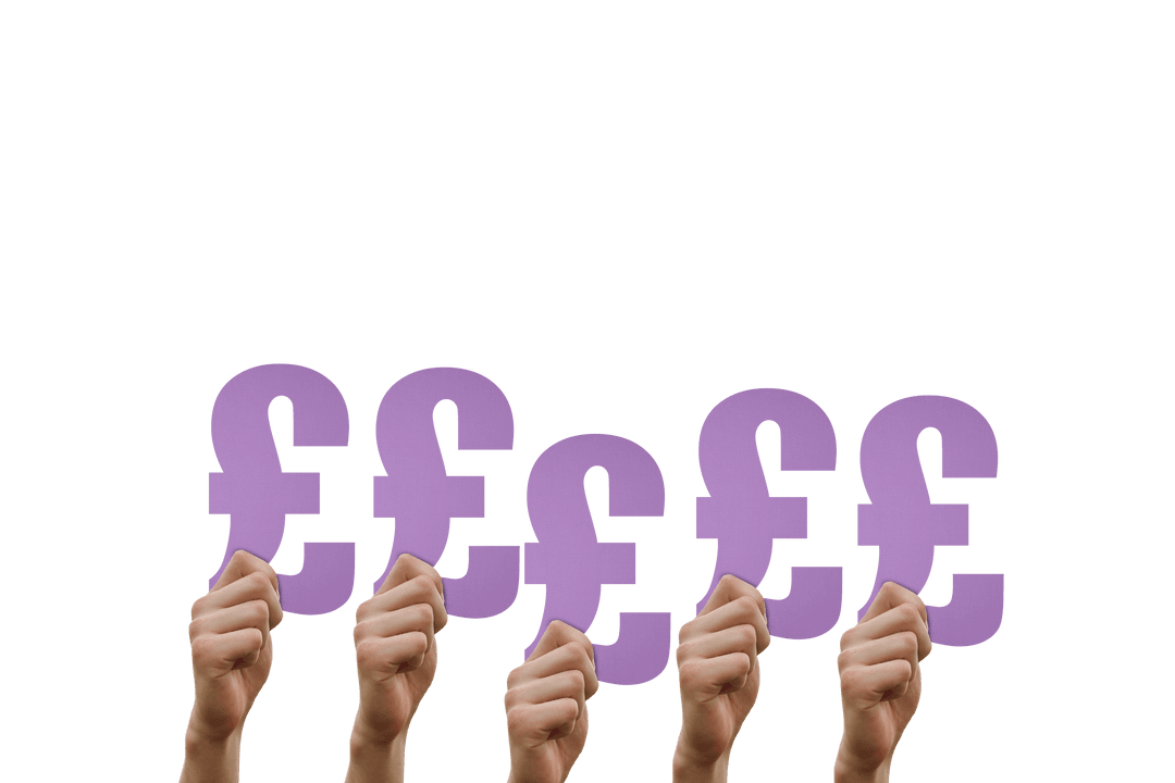 Hands Holding Transparent Purple Pound Symbols Uplifted