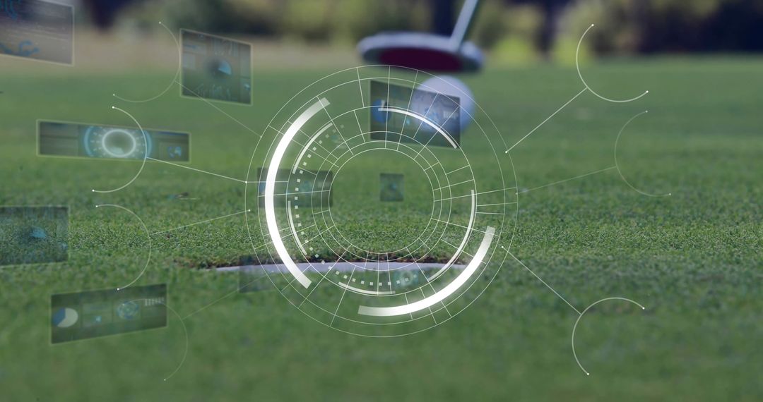 Futuristic Golf Scene with Digital HUD Overlay