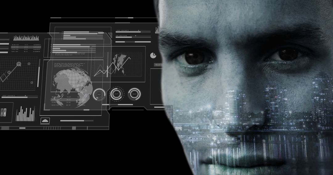 Futuristic Data Analysis with Holographic Charts and Male Analyst