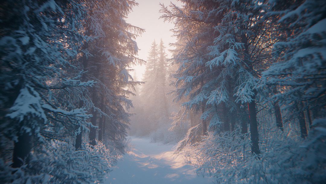 Sunlit Winter Forest Trail with Snow-Covered Pines