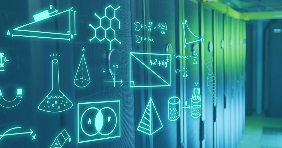 Mathematical Formulas and Diagrams Overlay on Data Center Servers
