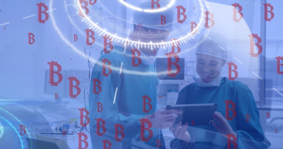 Medical Professionals Analyzing Bitcoin Data with Technology Interface