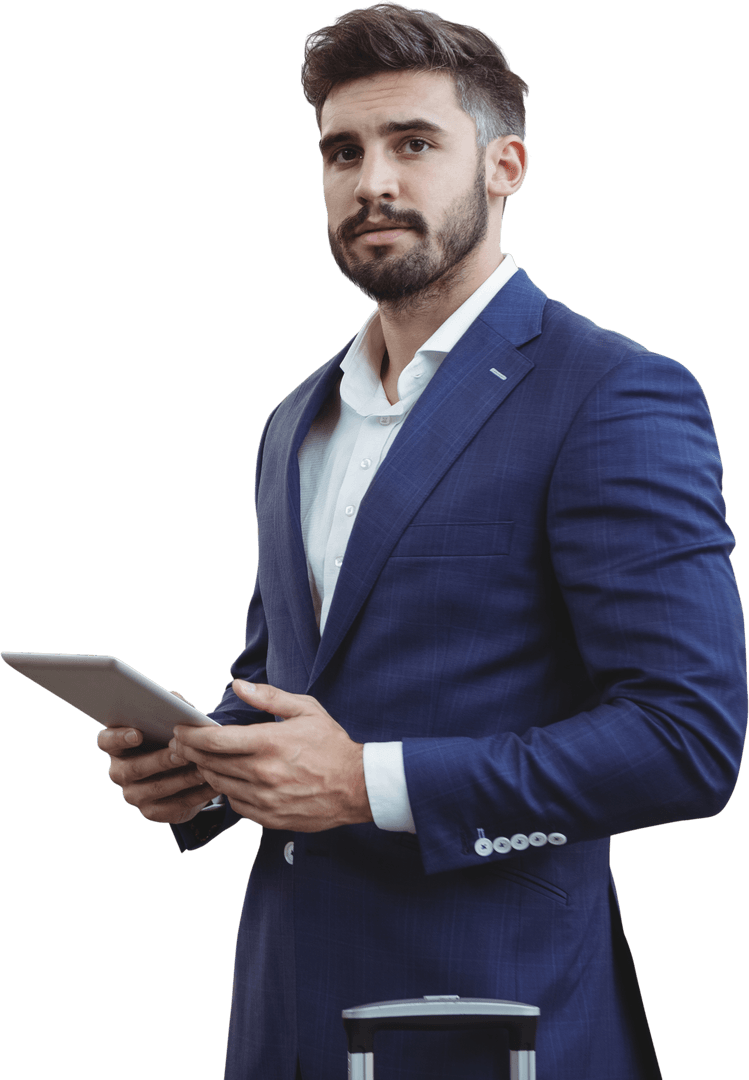 Transparent Businessman Holding Tablet in Professional Setting