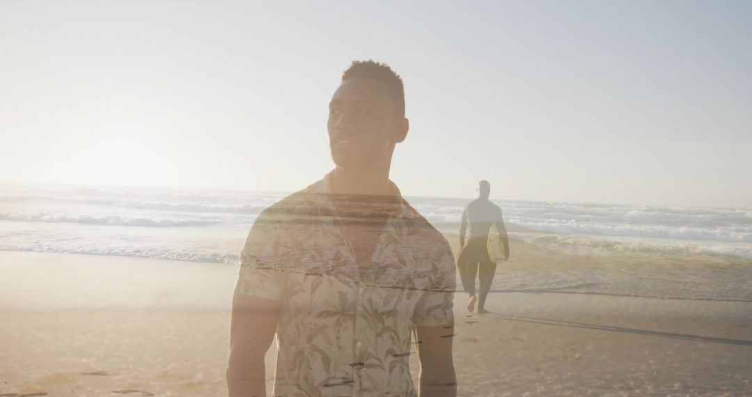 Man Reflecting at Beach with Sunset Waves and Surfer