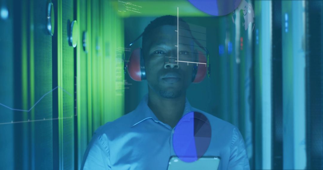 Technician Examining Data with Digital Holographs in Server Room