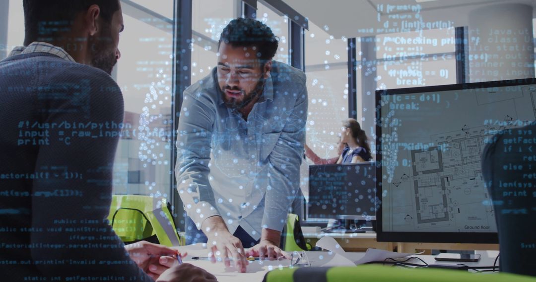 Engineer Collaborating in Tech-Driven Office Environment with Code Overlay