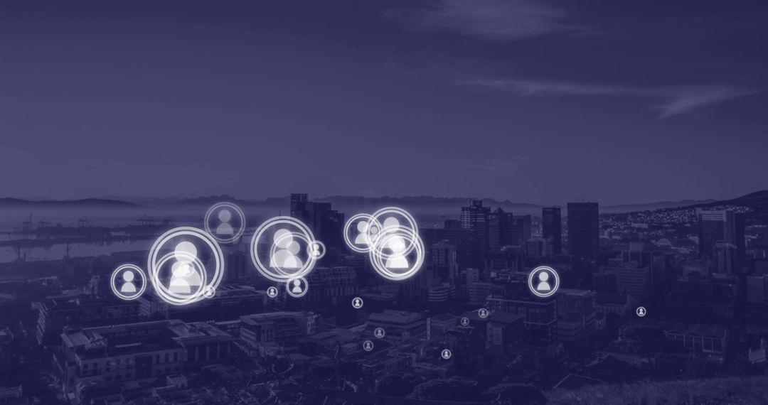 Futuristic City with Floating Digital Profile Icons Connectivity Concept