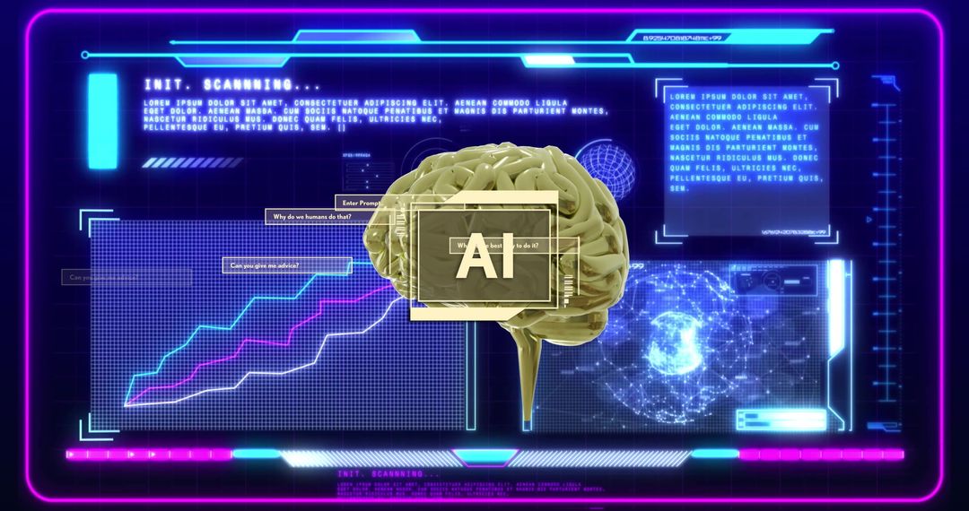 Futuristic ai brain with data visualization interfaces