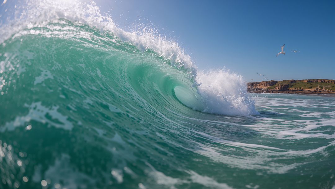 Dramatic Curling Wave Along Pristine Rocky Coastline