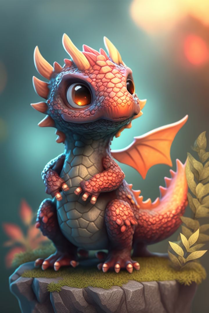 Image of cute pink dragon on rock with grass over blurred background, using generative ai technology - Free Images, Stock Photos and Pictures on Pikwizard.com