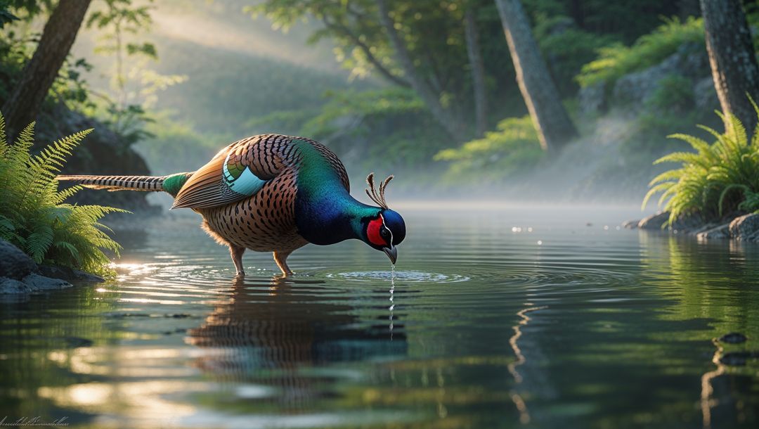 Pheasant animal drinking in forest stream at dawn with misty atmosphere
