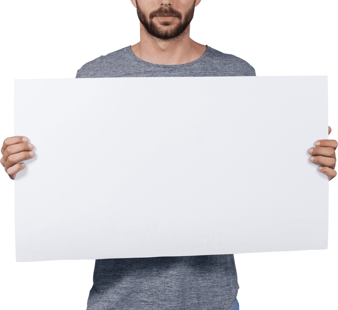 Caucasian Man Holding Blank Card on Transparent Background with Copy Space