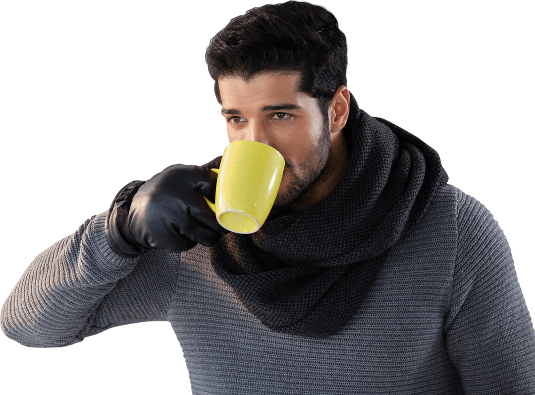Transparent Serious Man Sipping Coffee in Winter Attire