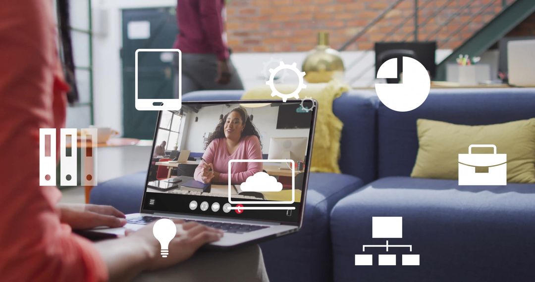 Colleagues Engaged In Digital Meeting With Virtual Icons Overlay