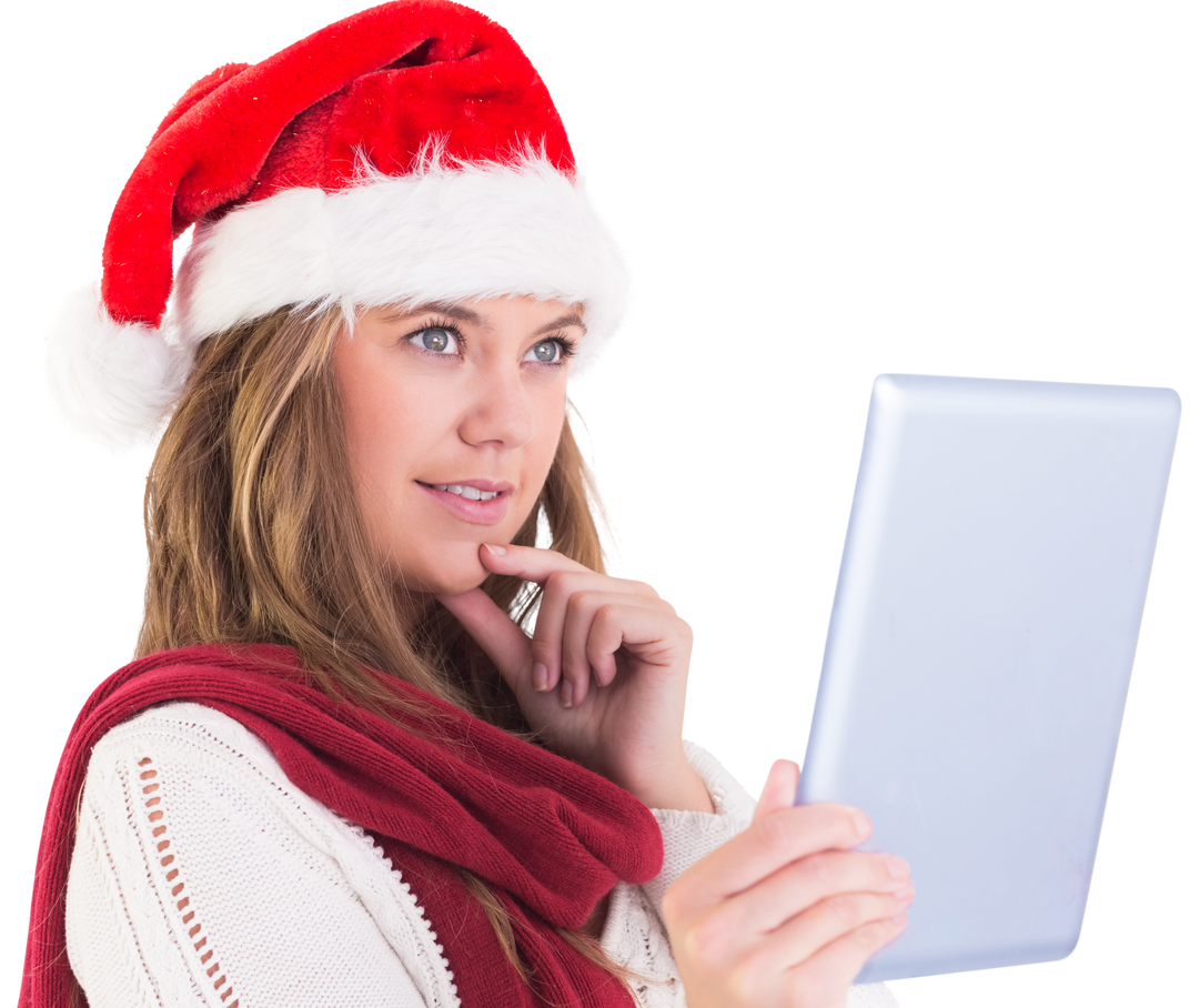 Festive Woman with Santa Hat Holding Tablet PC on Transparent Background - Download Free Stock Images Pikwizard.com