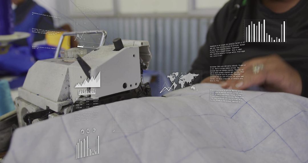 Industrial quilting machine stitching fabric with worker guiding hand and analytics overlays