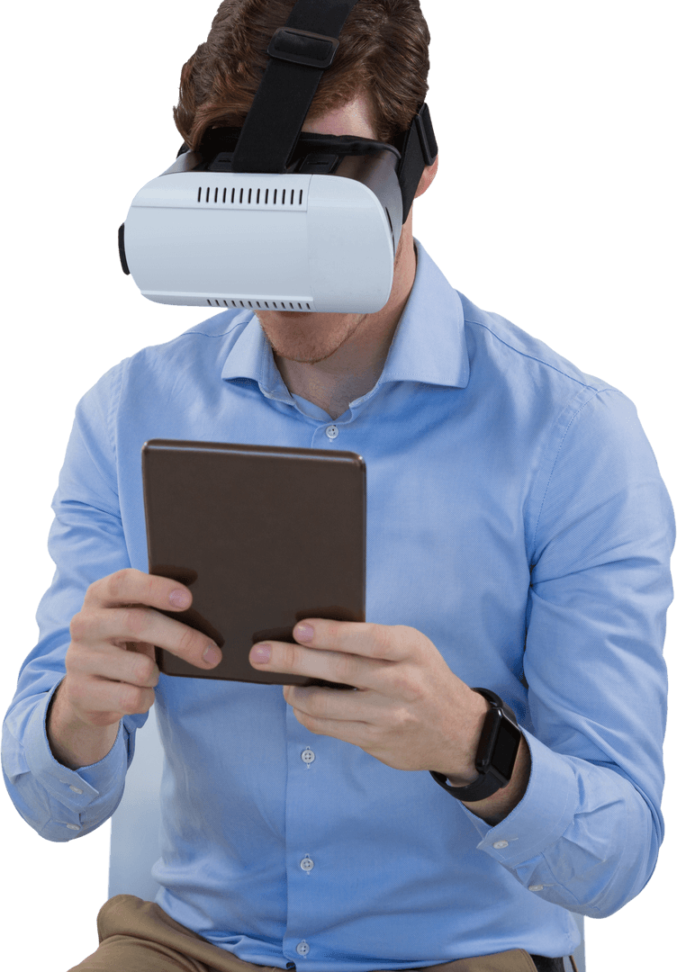 Caucasian Man Using VR Headset with Tablet on Transparent Background