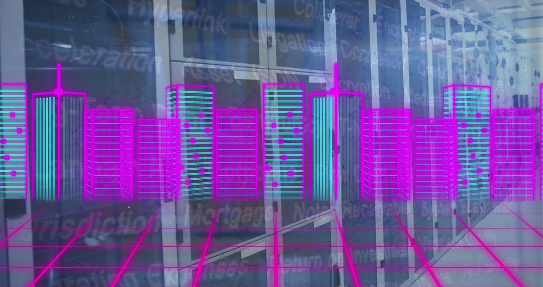 Futuristic Neon Holographic Cityscape in Data Center