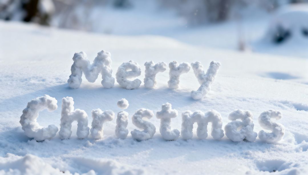Merry Christmas spelled with packed snow letters on snowy field casting soft blue winter shadows