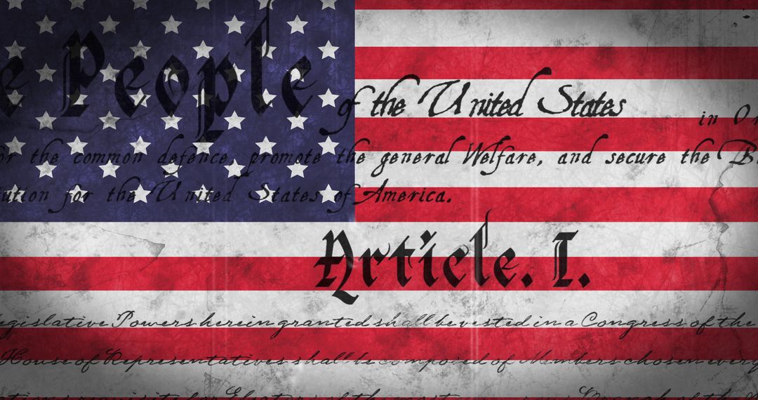 Preamble of American Constitution Overlay on Distressed US Flag