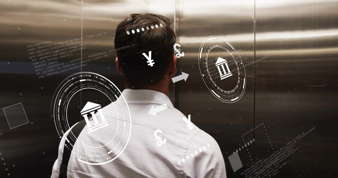 Man Facing Elevator Doors with Futuristic Finance Graphics