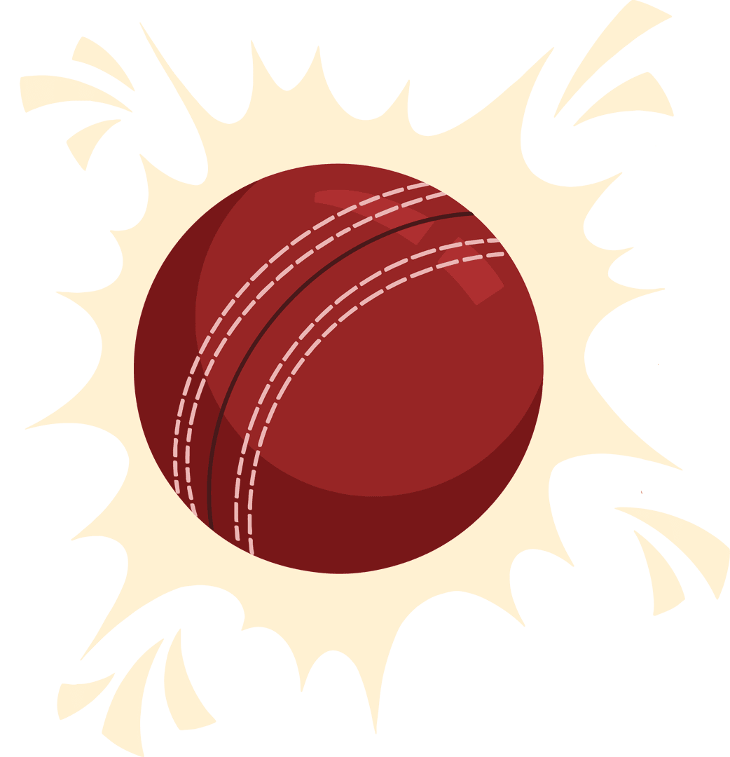 Red Cricket Ball in Dynamic Cream Starburst on Transparent Background