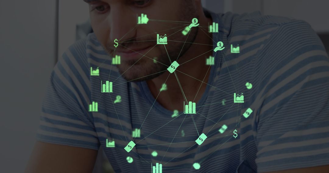 Data Overlays Surrounding Businessman with Smartphone