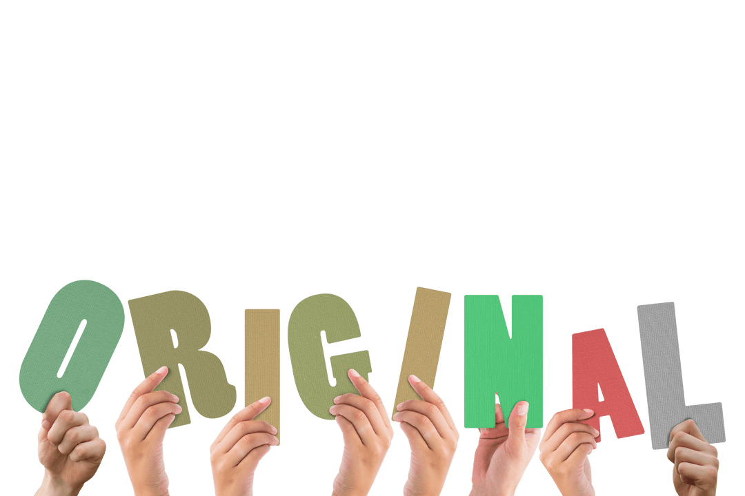 Transparent Hands Holding Colorful Original Word Letters