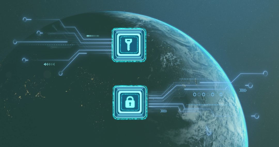 Digital Security Icons Over Earth Illustrating Global Cybersecurity
