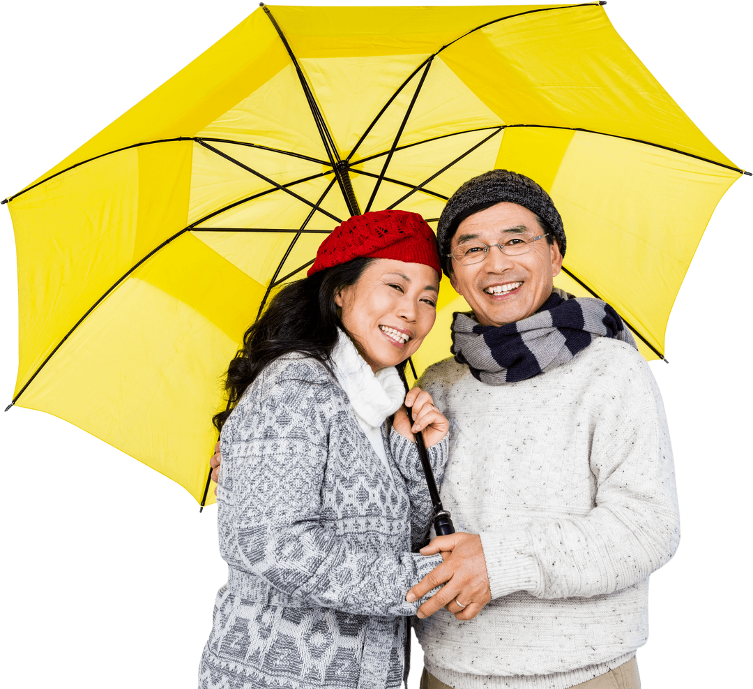 Smiling Asian Couple Under Transparent Yellow Umbrella