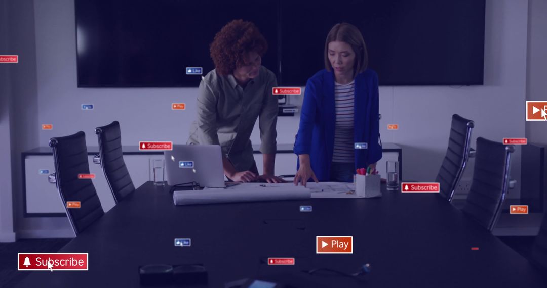 Digital Interface Collaboration with Online Media Icons in Modern Office