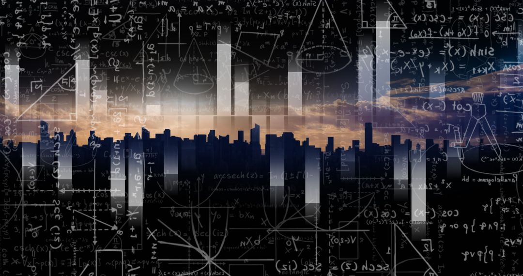 Abstract Cityscape with Mathematical Formulas Overlay
