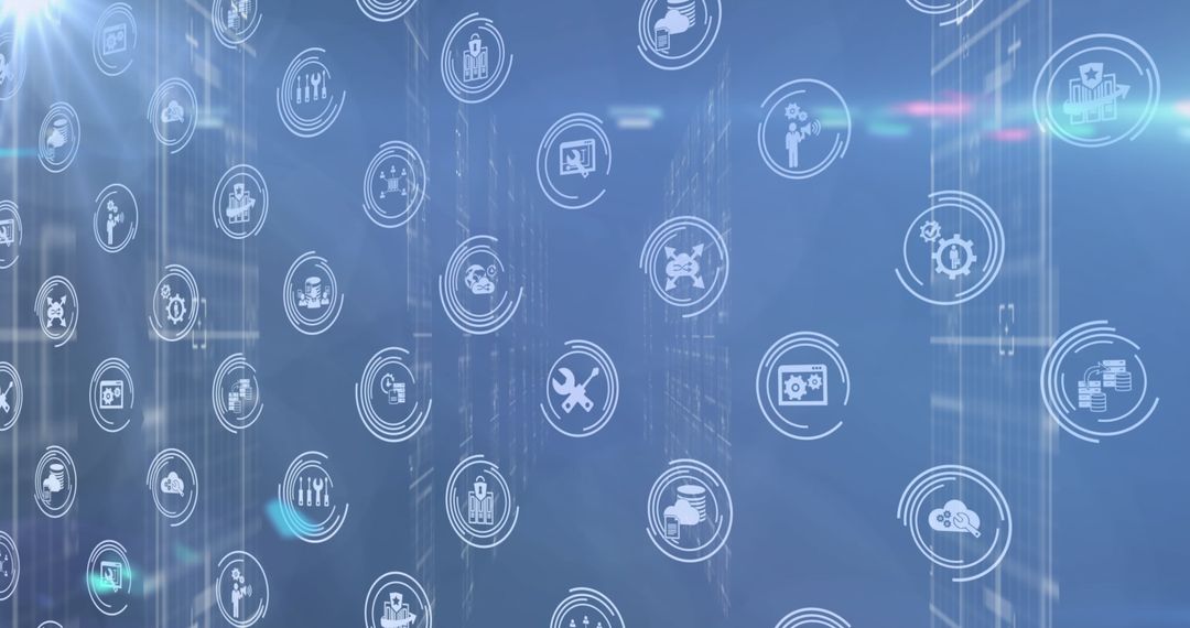 Floating Technology Icons Overlaying Server Racks