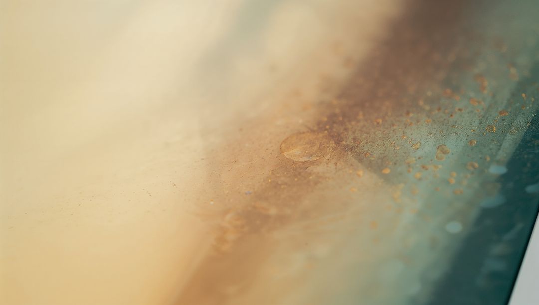 Macro water droplet on corroded dusty glass with warm-to-teal gradient and minimal texture