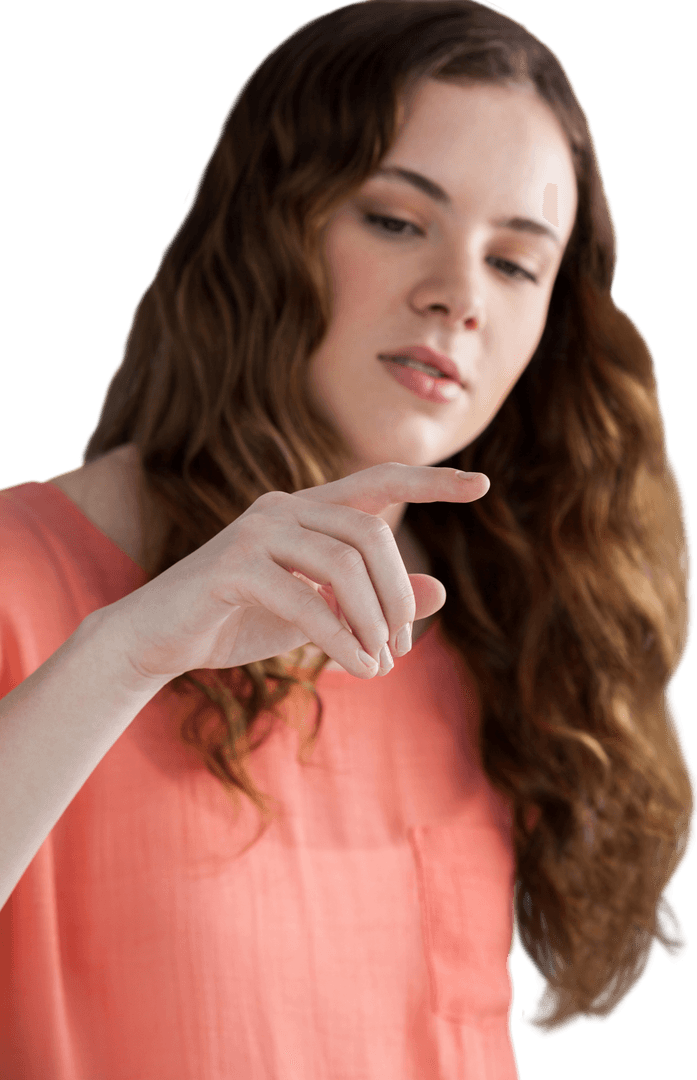 Transparent Young Woman Pointing Finger in Gesturing Pose