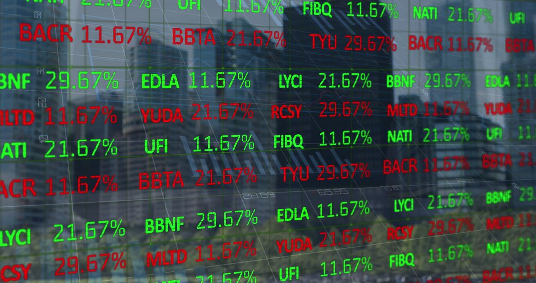 Digital Stock Ticker with Urban Financial District Reflection