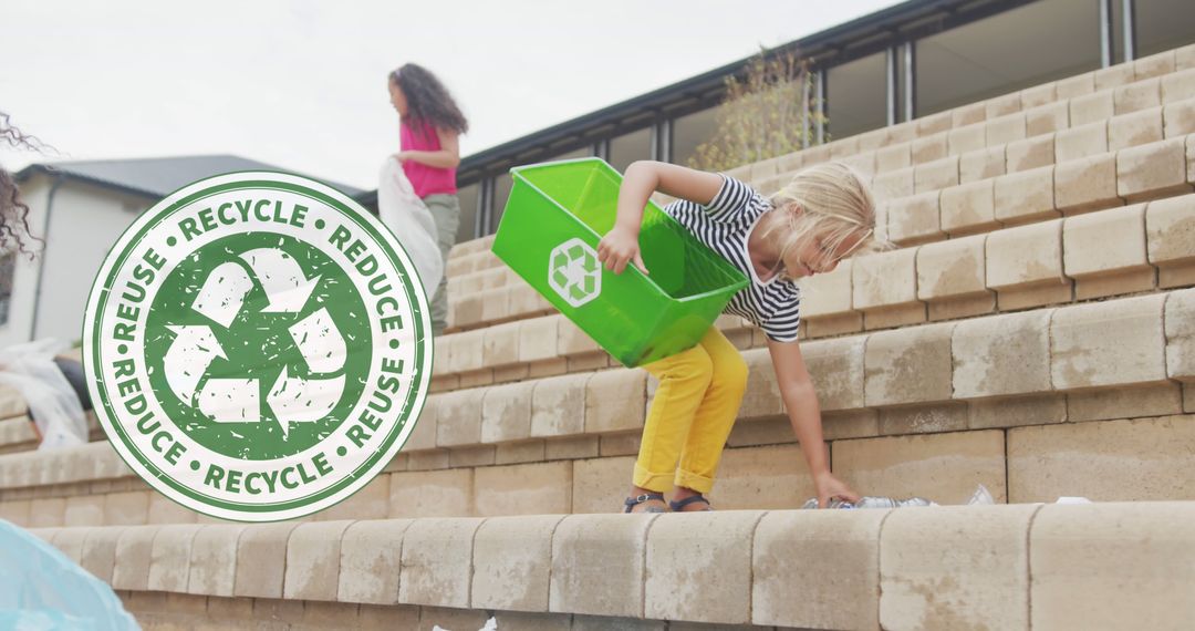 Children Recycling on Outdoor Steps with Recycling Symbol - Free Images, Stock Photos and Pictures on Pikwizard.com