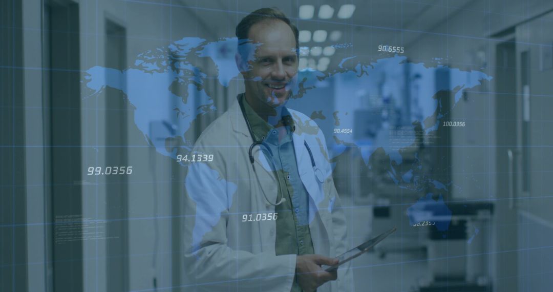 Doctor Reviewing Global Healthcare Data with Futuristic Interface