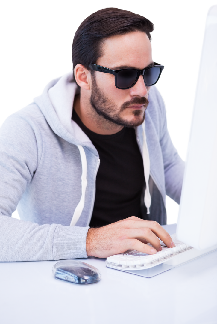 Anonymous Man in Sunglasses Hacking on Desktop Computer Transparent Background - Download Free Stock Images Pikwizard.com