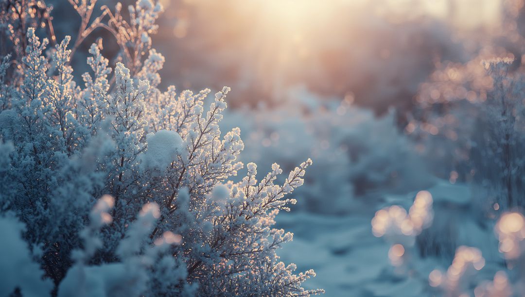 Frost-Covered Shrubs Illuminated by Winter Sunrise