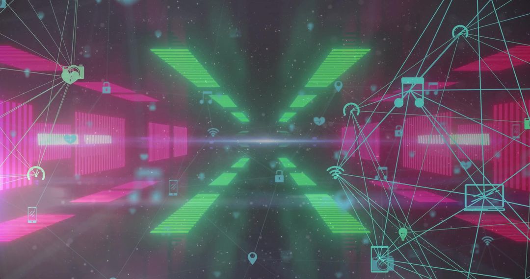 Digital Network Matrix with Data Processing Icons