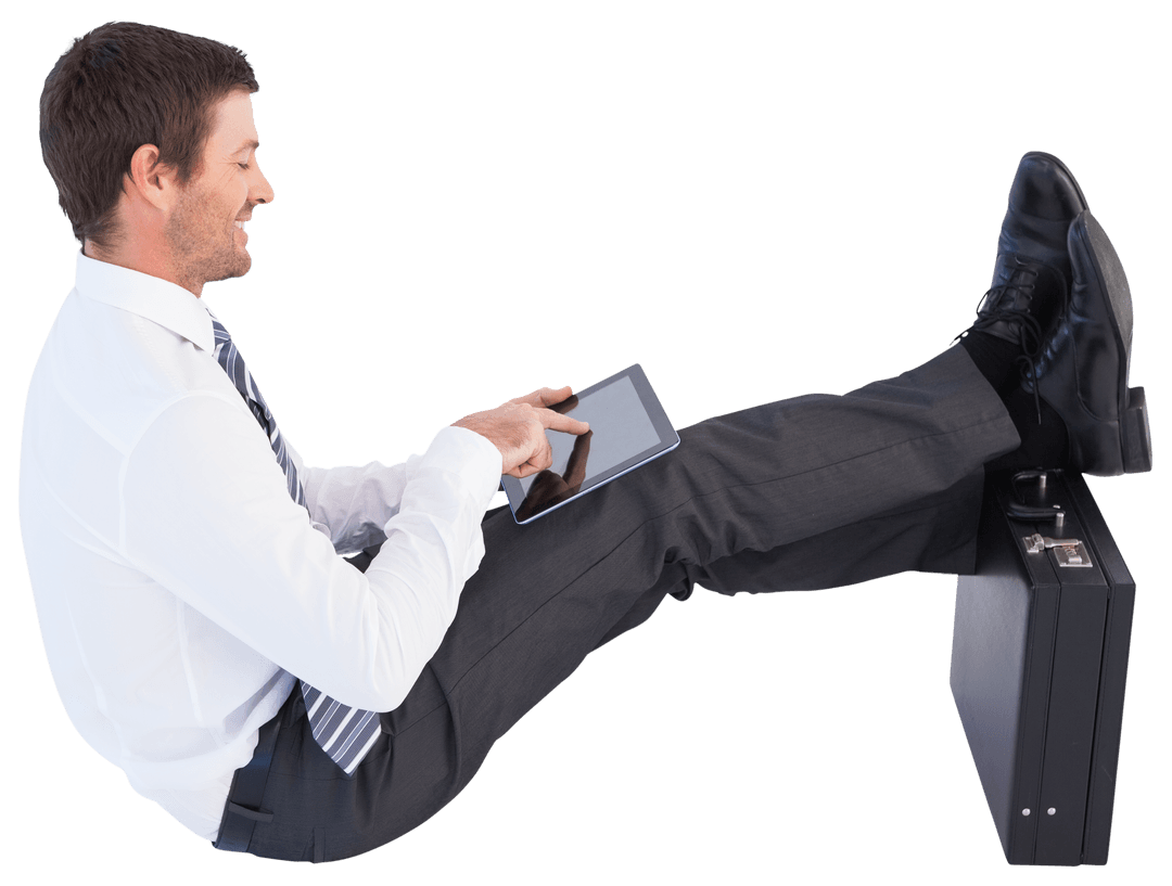 Transparent Professional Elegance seated with Tablet and Briefcase