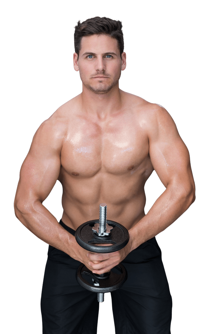 Caucasian Man Holding Dumbbell on Transparent Background for Fitness Use
