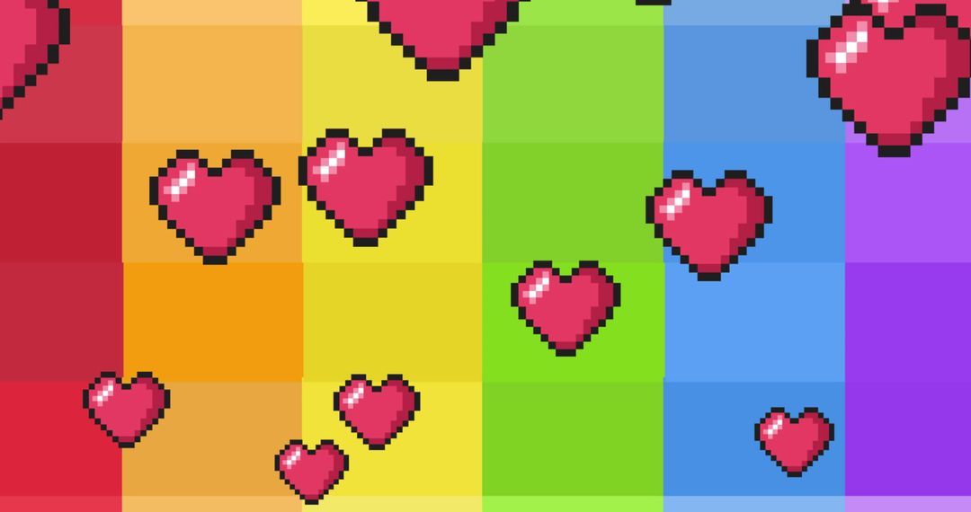 Pixel Hearts on Rainbow Background for Pride Celebration