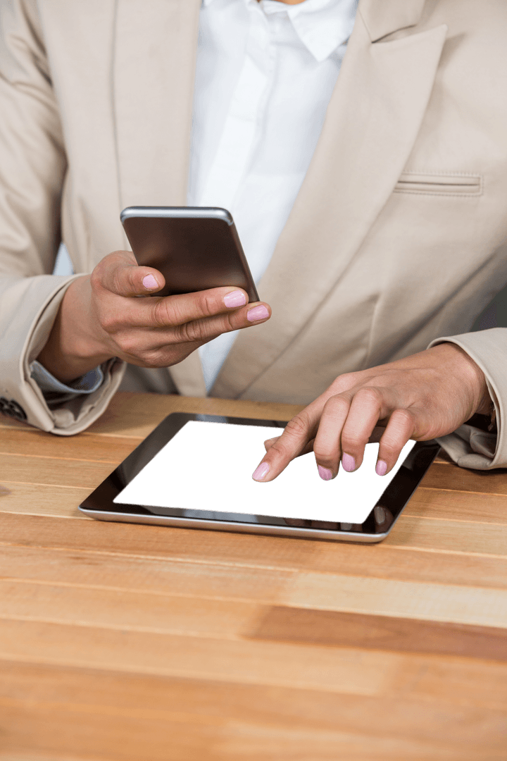 Transparent Businesswoman Modern Technology Interaction Office Setting