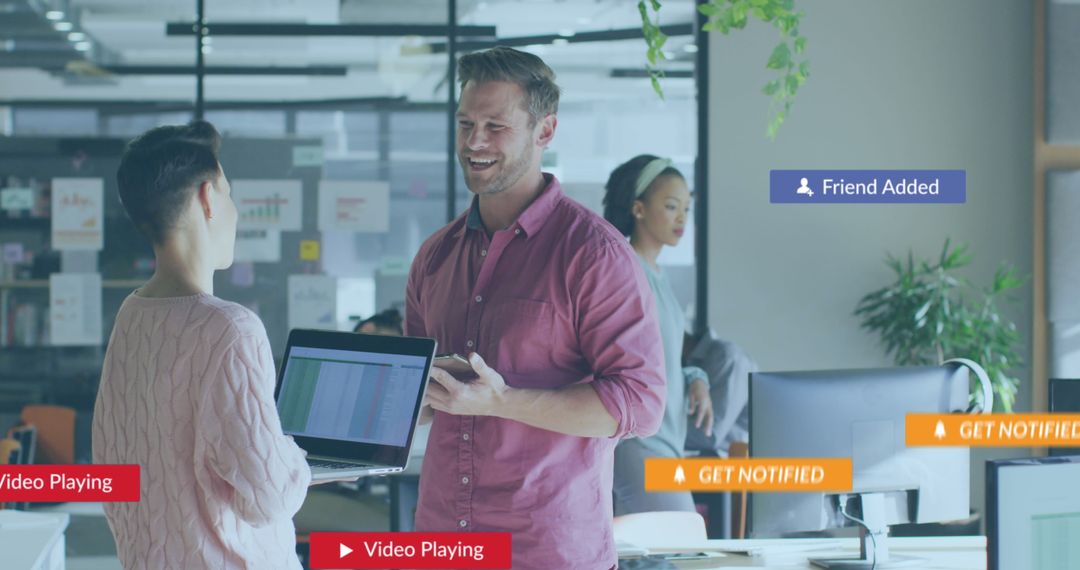 Office Team Engaging in Collaborative Discussion with Social Media Notifications