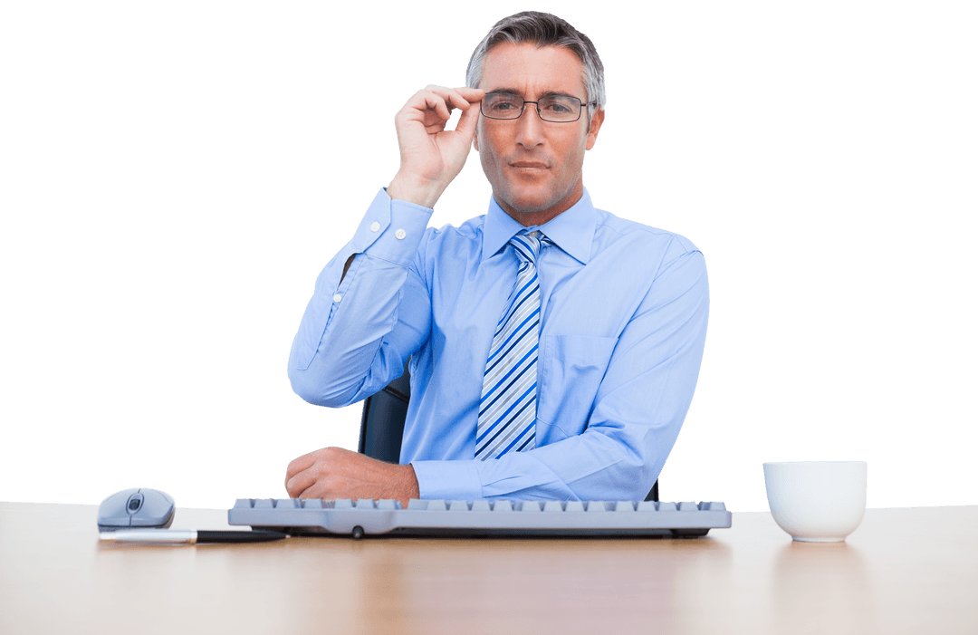 Transparent Businessman Adjusting Glasses At Desk