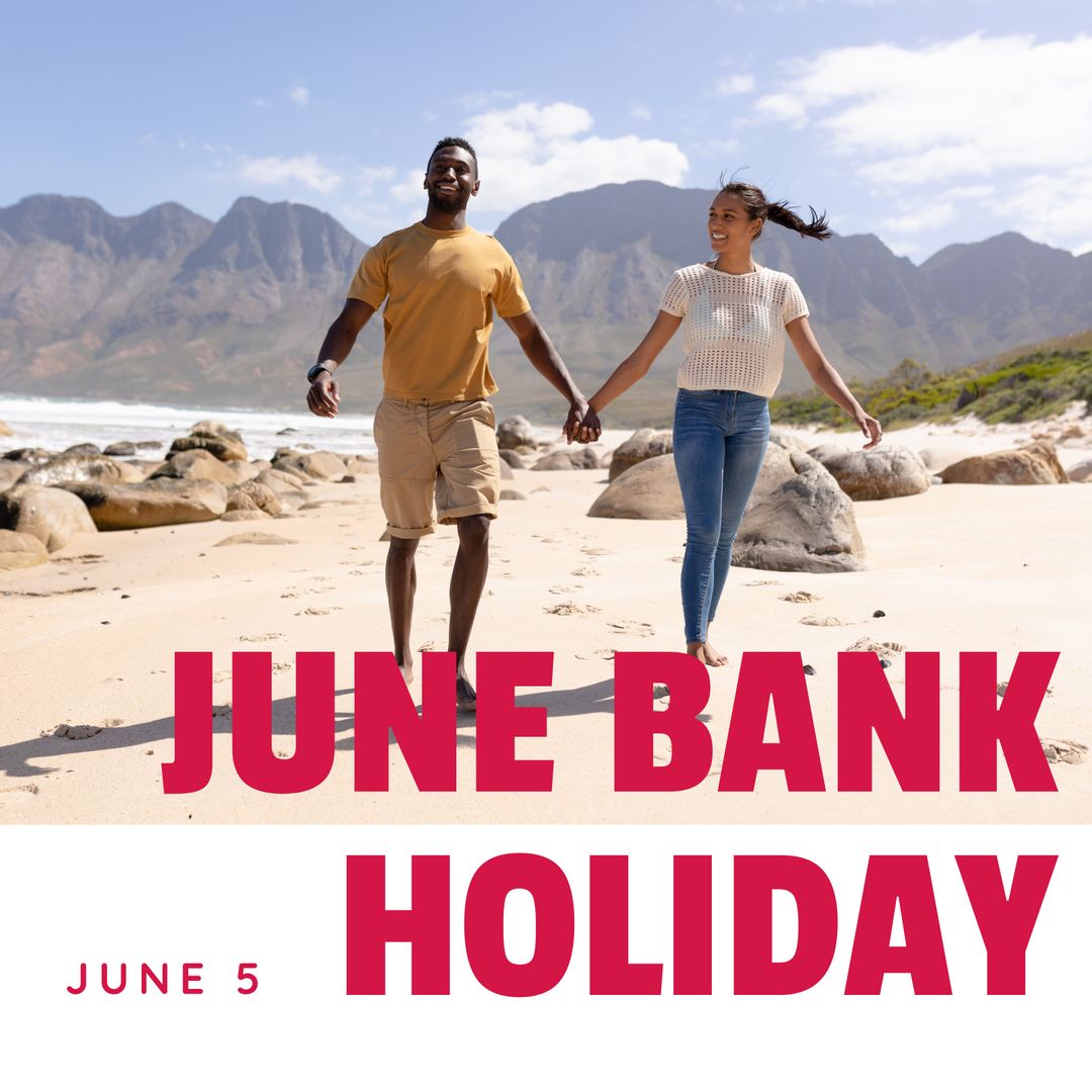 Joyful Couple Walking Beach Hand in Hand During Holiday